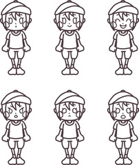 いろいろな表情の体操服を着た女の子の線画セット