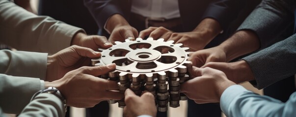 business man hand with gear working together concept 