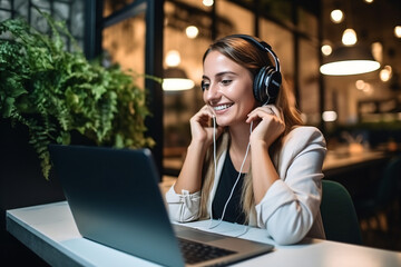 Video call, wave and woman in communication on a laptop for her small business in fashion. Happy, creative and designer talking on a call with a hello, headphones and smile on technology at work - obrazy, fototapety, plakaty