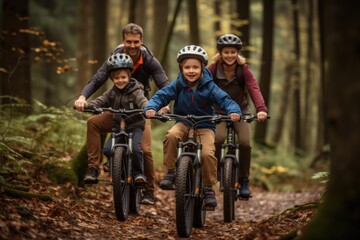 family ride bike in forest very happy  - obrazy, fototapety, plakaty