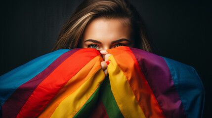 Unrecognizable young woman placing a rainbow flag vertically in front of her face. LGTBIQ + Concept