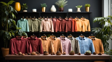 Variety of color range of clothes hanging in modern retail store, empty clothing store or boutique filled with fashion items. Fashion modern store, small business concept. Close-up