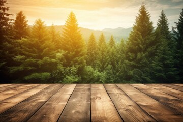 Naklejka na ściany i meble Wooden table background with landscape of forest. wooden, table, wood, forest, landscape, nature, tree, background, empty, light, sky, sun, summer, design, floor. Generative AI image weber.