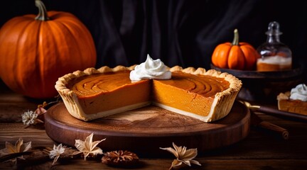 Fresh homemade pumpkin pie on the wooden table. Generative AI.