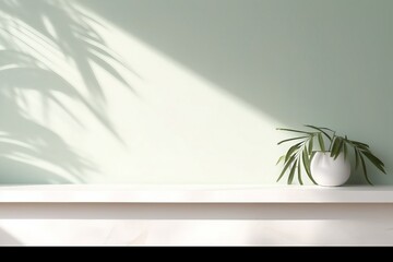 Minimalistic light background with blurred foliage shadow on a light wall. Beautiful background for presentation with with marble floor. generative ai.