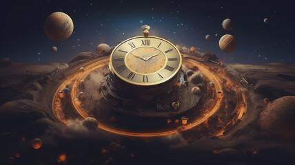 A Clock Floating in the Cosmic Expanse, Symbolizing the Timeless Infinity of Space