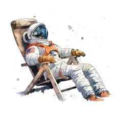 astronaut sitting on beach chair, made of watercolor, gouache paint, white background, isolated, generative ai