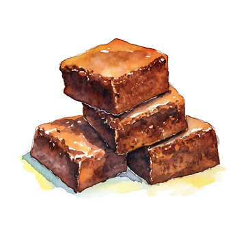 chocolate bar with nuts, made of watercolor, gouache paint, white background, isolated, generative ai