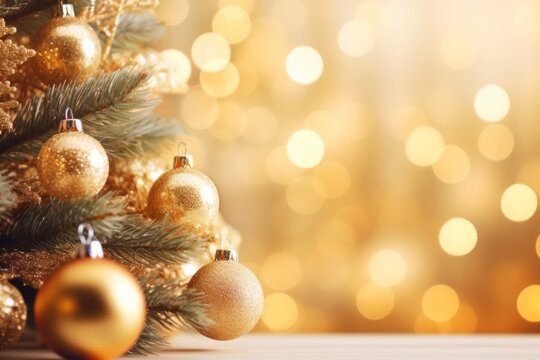 gold Baubles on Christmas Tree close up. Background image
