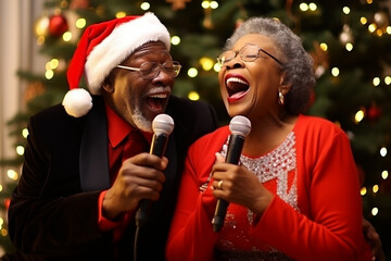 Happy smiling elderly afro american couple sing Christmas song