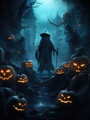 Halloween monster, demon skeleton evil wizard and the embodiment of evil in the dark awesome atmosphere of the night moon