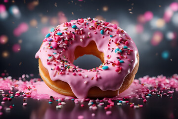 Indulge in Delight: Delectable Donut with Pink Icing on a Bold Black Canvas. Generative ai