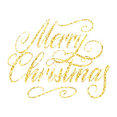Merry christmas greetinig card with golden glitter lettering