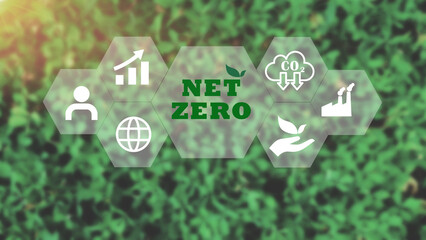 Net zero on green view background for Greenhouse gas and Low carbon emissions , Climate neutral long term strategy. Limit global warming. Net zero carbon neutral concept, Sustainable growth business.