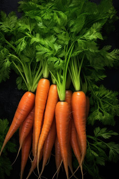 Generated photorealistic image of a bunch of young washed carrots with greens 