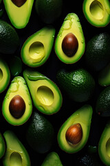 Generated photorealistic image of the unique texture of cut avocados with pits and water drops
