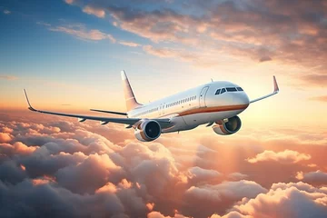 Poster Passenger airplane in the sky above the clouds, passenger airplane gear released takes off in sky, beautiful panoramic background with flying plane against the background of the evening sky. © Vladimir Sazonov