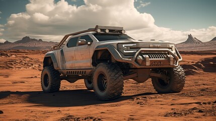Desert Trailblazers in Luxury Bliss: Futuristic 4x4 Cars Exploring Arid Beauty