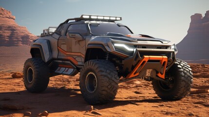 Fototapeta na wymiar Luxe Desert Voyages Embrace the Arid Landscape in Luxury Bliss: Futuristic Off-Road Cars