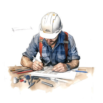 civil engineer, made of watercolor, gouache paint, white background, isolated, generative ai