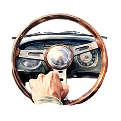 vintage car steering wheel, made of watercolor, gouache paint, white background, isolated, generative ai