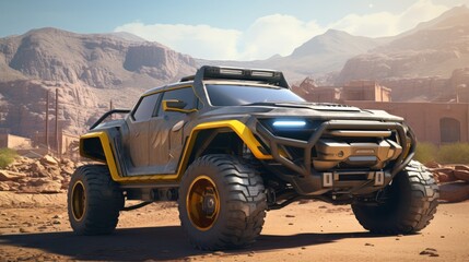Fototapeta na wymiar Luxe Desert Voyages Embrace the Arid Landscape in Luxury Bliss: Futuristic Off-Road Cars