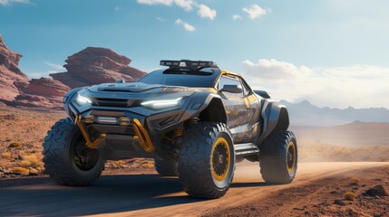 Fototapeta na wymiar Desert Trailblazing Excellence in Luxury Bliss: Futuristic 4x4 Cars in Action