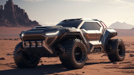 Fototapeta na wymiar Off the Grid Oasis in Luxury Bliss: Futuristic 4x4 Luxury Cars in Desert Escapes