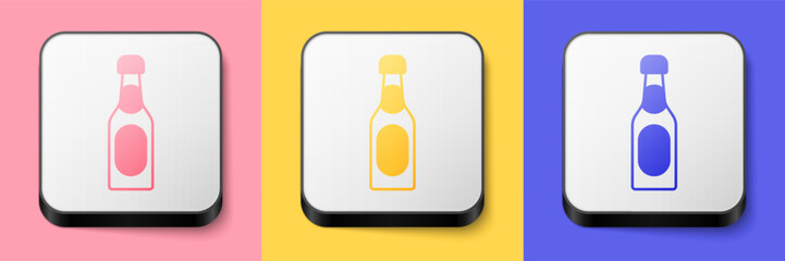 Isometric Champagne bottle icon isolated on pink, yellow and blue background. Square button. Vector