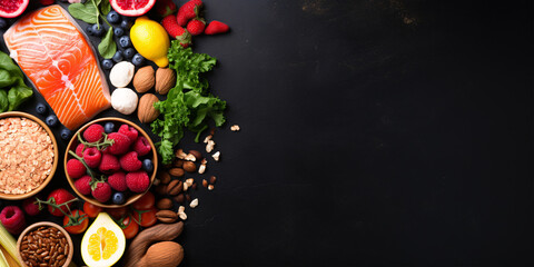 Nutrient-rich diet: salmon, veggies, fruits, and assorted dietary options. Overhead view on a dark table, room for text.