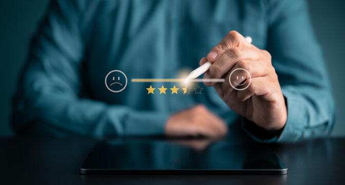 Customer satisfaction survey concept. Client drags scroll bar for rated service 5 star product satisfaction experience. Review of the quality of services leading to business reputation ranking score.
