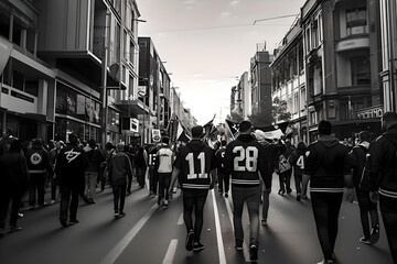 Some fans walk on the street to watch their favorite team play. holding banners. black and white jerseys. white sky. 