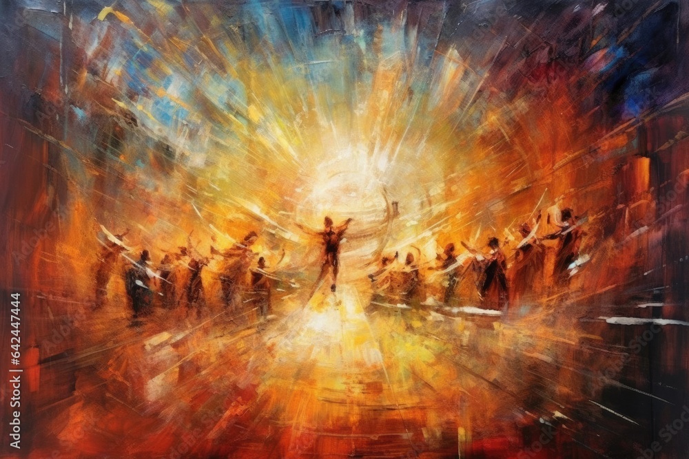 Poster abstract art of dance of light theme that out of formless darkness in the style of simple yet intric