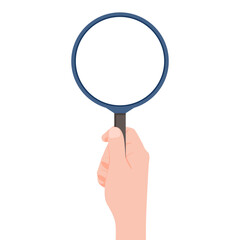 Top view hand holding Magnifier glass and focus on isolated white background. Vector illustration cartoon flat design.