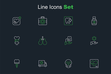 Set line Heart rate, Skull, Ambulance car, Dental implant, Cross hospital medical, Blood donation, Lungs and Ethnoscience icon. Vector