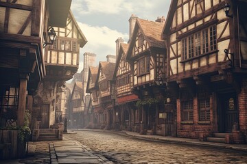 A representation of an English Tudor street, with many beautiful half-timbered buildings and a cobbled road. Digital illustration.