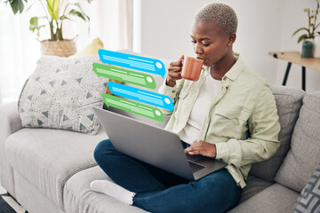 Coffee, message notification or black woman on laptop for communication, social media or online chat. Tea, email overlay or African person on app to scroll on website or digital network at home sofa