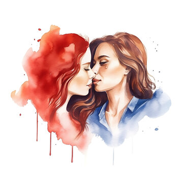 lgbtqia+, lesbian couple in the heart, made of watercolor, gouache paint, white background, isolated, generative ai