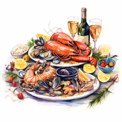 Feast for the Senses: Vibrant Christmas Dinner Table Brimming with Seafood Delights on a Luminous Wh