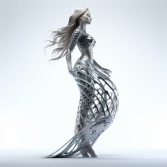 Pale Enchantress: A Radiant Chrome Mermaid with Fish Tail in a Pristine White Undersea