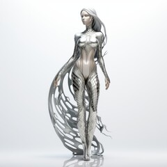 Enchanting Pale Skinned Mermaid: Glowing Chrome Full Body with Luxurious Fish Tail against Pristine 