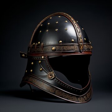 The Authentic Medieval Knight: Inspect the Leather Helmet against a Mysterious Black Background