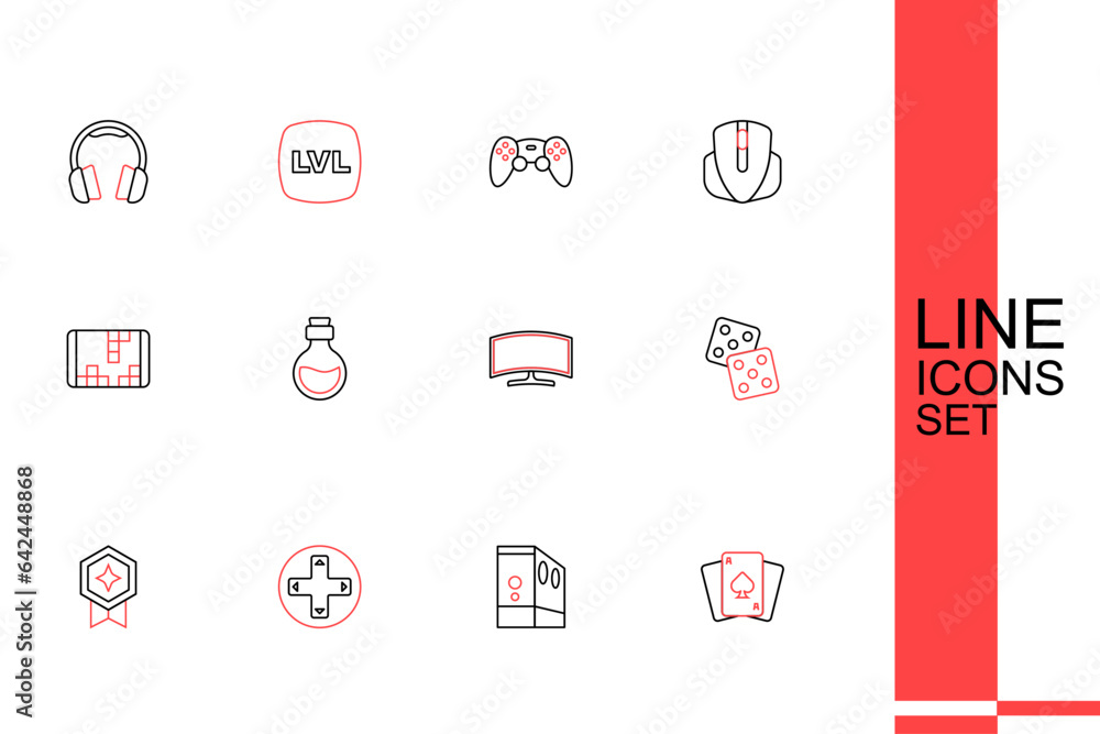 Poster set line playing cards, case of computer, game controller or joystick, rating with medal, dice, comp