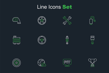 Set line Award cup, Pit stop, Racing helmet, Stopwatch, Engine piston, Shock absorber, steering wheel and Car radiator cooling system icon. Vector