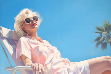 A white grandma relaxing by the poolside. blonde hair. clear sky. Sunshade.