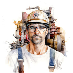 mechanical engineer, made of watercolor, gouache paint, white background, isolated, generative ai
