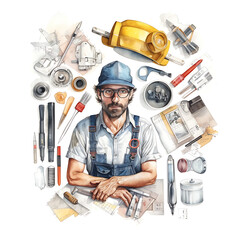 mechanical engineer, made of watercolor, gouache paint, white background, isolated, generative ai