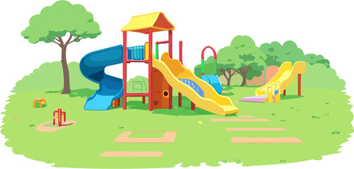 A vibrant summer scene featuring a playground nestled amidst lush greenery in the park, with a charming house nearby and a clear blue sky overhead, all depicted in a colorful and playful illustration