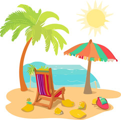 Obraz premium Summer Beach Relaxation Scene with Chairs, Umbrella, and Sea