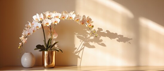 An orchid on a golden side table in a well lit living room